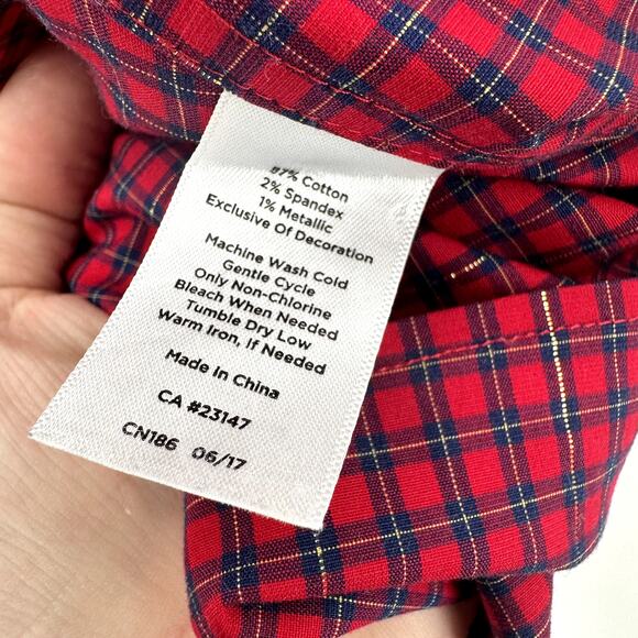 Talbots Blouse Womens 14 Red Blue Plaid Button Up Wrinkle Resistant Metallic - Picture 7 of 9